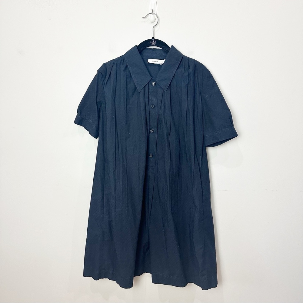 Coach Pleated Swing Dress Dark Blue Embroidered Short Sleeve Pockets